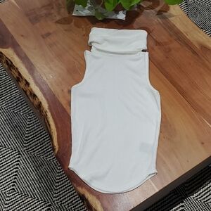 Revamped Ivory/White Sleeveless Turtleneck Curved Knit Tank